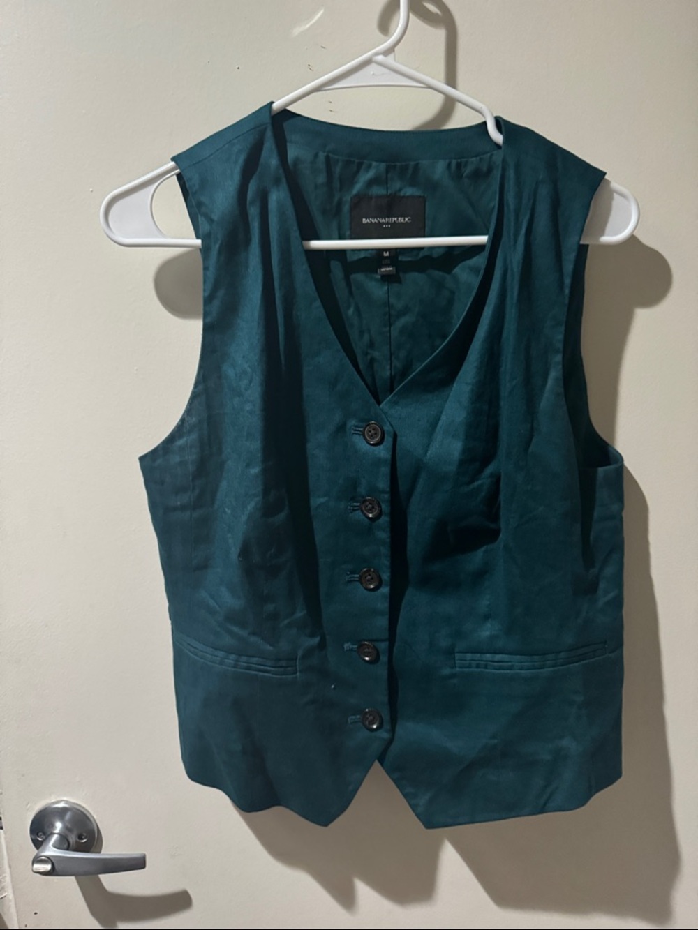 Banana Republic Deep Teal Five-Button Vest and Linen Pants
